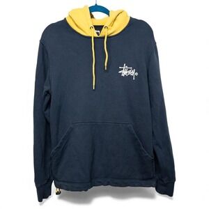 Stussy Hoodie Navy Blue Yellow Drawstring Hoodie Pullover Logo Mens Size S